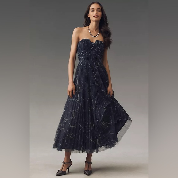 HutchCorene Strapless Floral Tulle A-Line Midi Dress Anthropologie